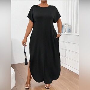 NWOT SHEIN Black Round Neck TShirt Maxi Dress Pockets, 0XL